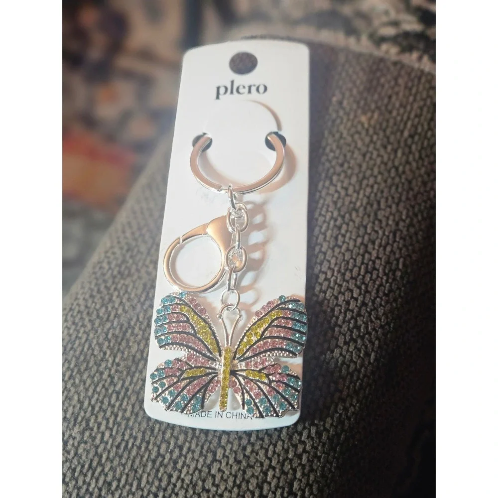 Plero Butterfly‎ Keychain Multi Color Rhinestone Silver Tone Bag Charm NWT